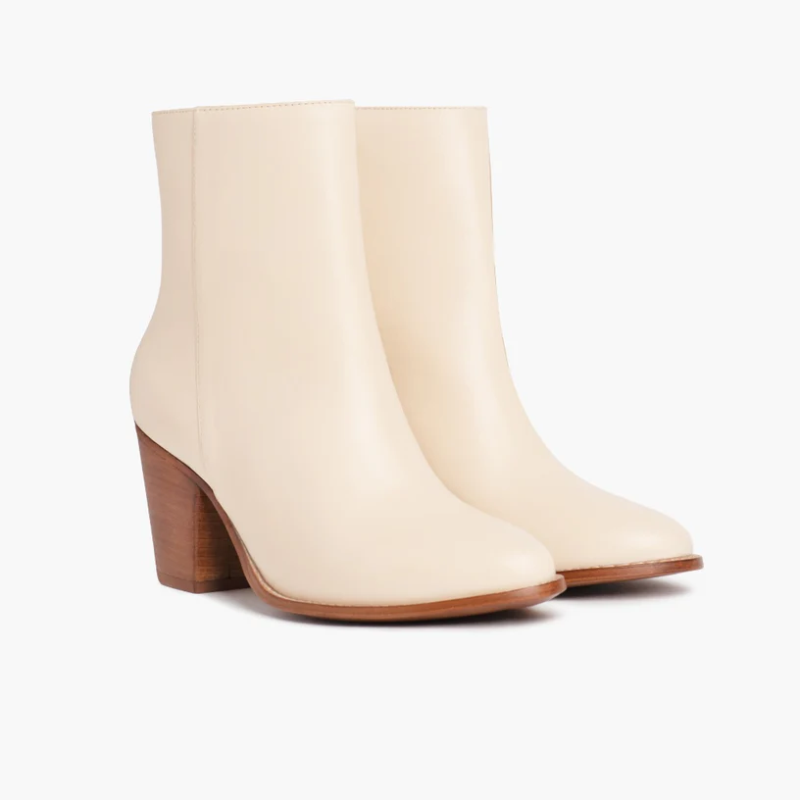 Opp France Women’s Thick High Heel Pointed Leather Zipper Elegant Short Boots Beige