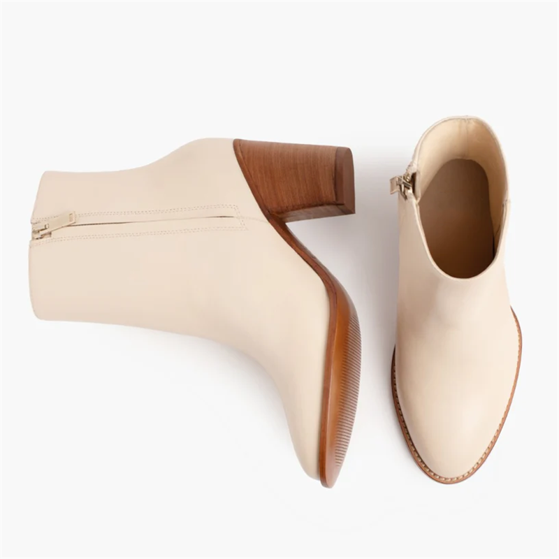 Opp France Women’s Thick High Heel Pointed Leather Zipper Elegant Short Boots Beige