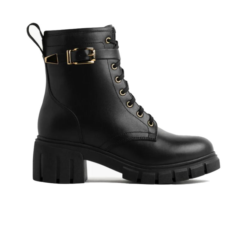 opp france Women’s Thick Sole Block Heel Metal Buckle Lace-up Zipper Martin Boots Black & Gold