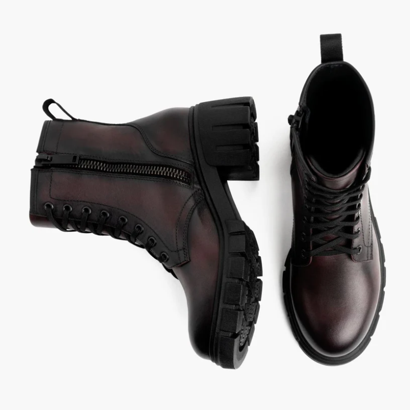 Opp France Women’s Thick Sole Chunky Heel Lace-up Zipper Leather Martin Boots Black Cherry