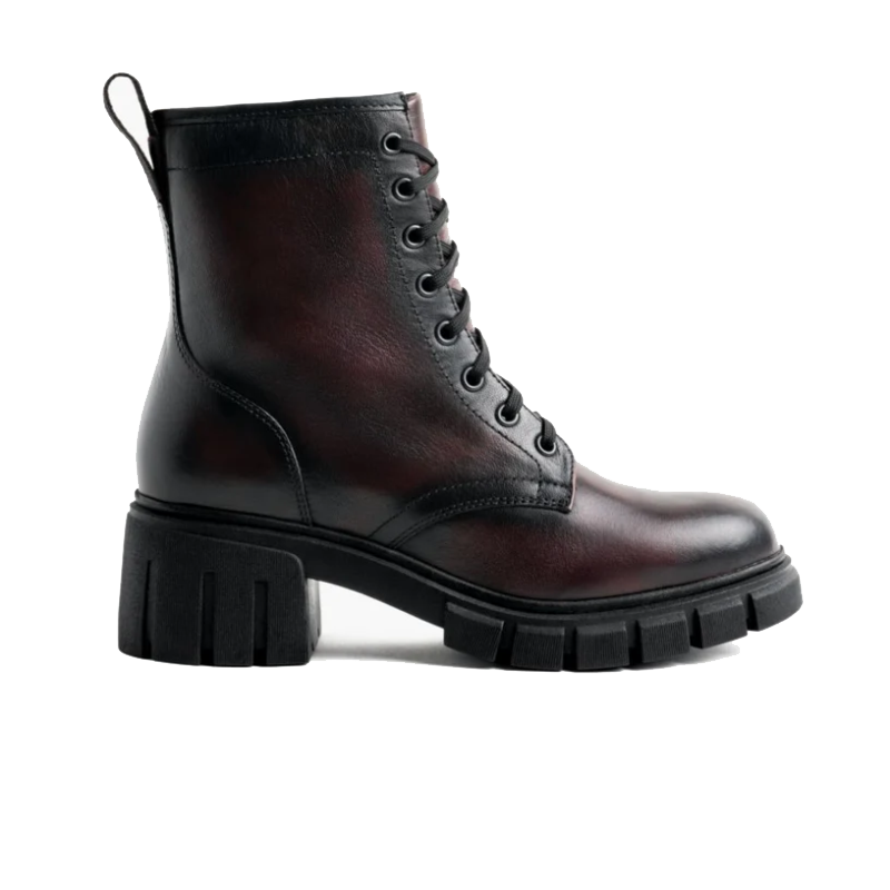 opp france Women’s Thick Sole Chunky Heel Lace-up Zipper Leather Martin Boots Black Cherry