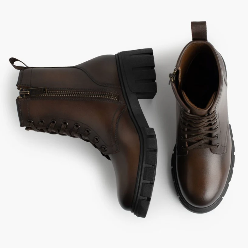 Opp France Women’s Thick Sole Chunky Heel Lace-up Zipper Leather Martin Boots Dark Anejo