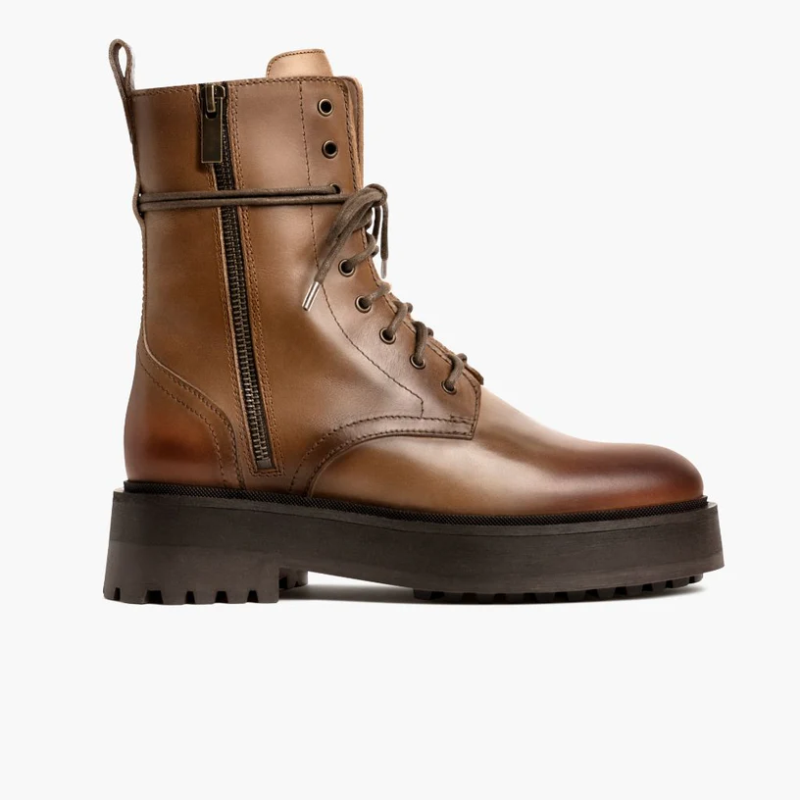 Opp France Women’s Thick Sole Glossy Lace Up High Top Shoes Zipper Boots Natural