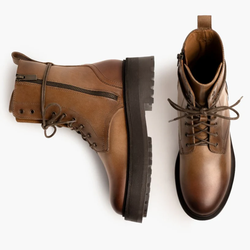 Opp France Women’s Thick Sole Glossy Lace Up High Top Shoes Zipper Boots Natural