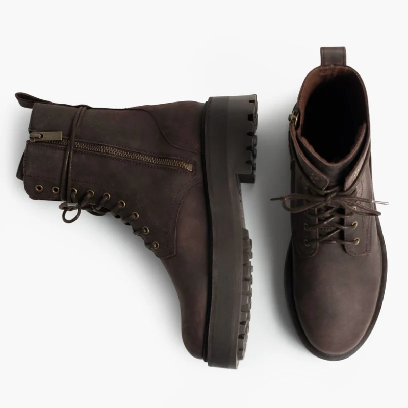 Opp France Women’s Thick Sole Matte Lace Up High Top Shoes Zipper Boots Dark Chocolate