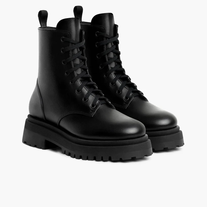 Opp France Women’s Thick-soled Leather Lace-up Zipper Ankle Boots Black Vegan