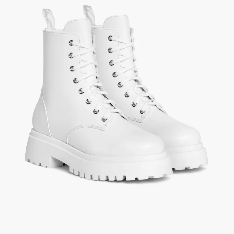 Opp France Women’s Thick-soled Leather Lace-up Zipper Ankle Boots White Vegan