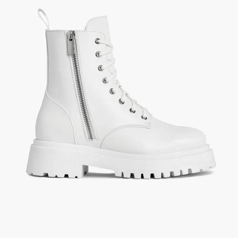 Opp France Women’s Thick-soled Leather Lace-up Zipper Ankle Boots White Vegan