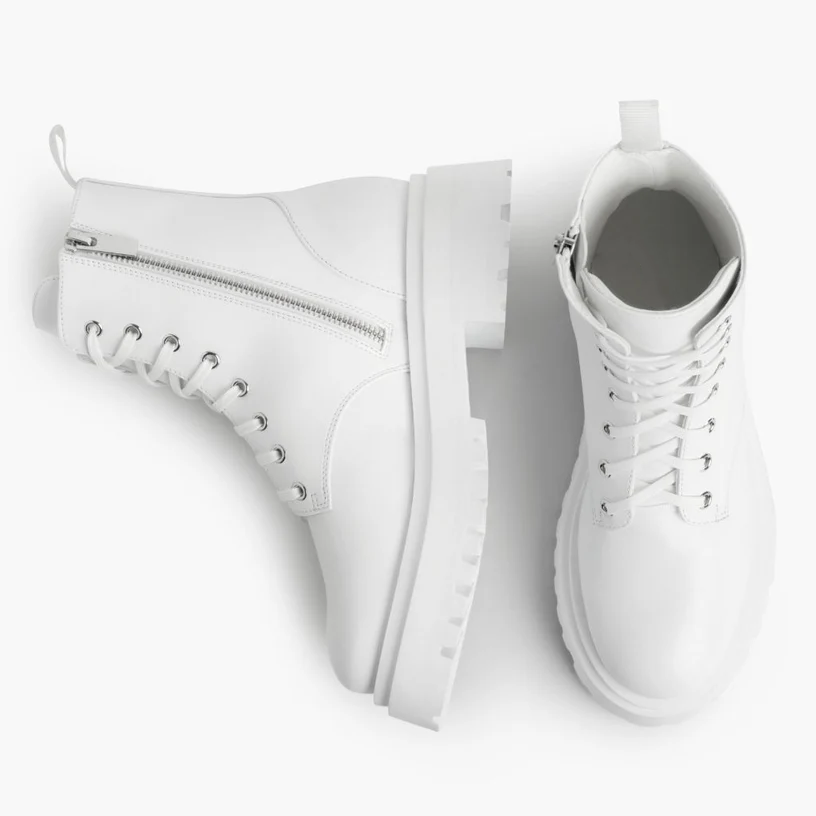 Opp France Women’s Thick-soled Leather Lace-up Zipper Ankle Boots White Vegan