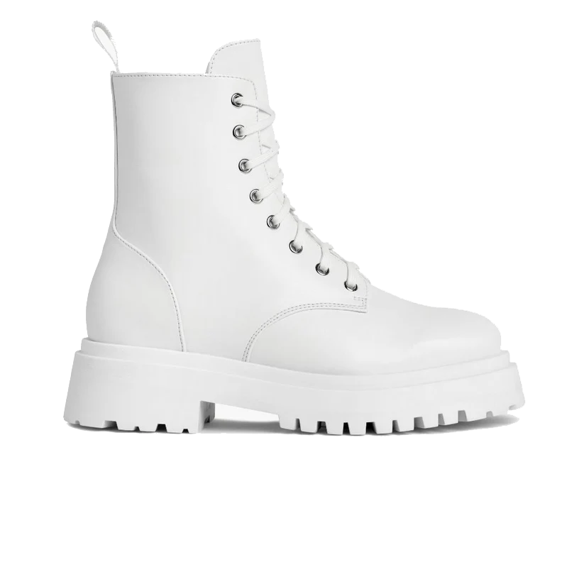 opp france Women’s Thick-soled Leather Lace-up Zipper Ankle Boots White Vegan