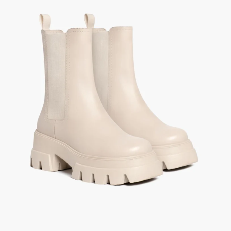 Opp France Women’s Thick-soled Mid-cut Leather Straight-tube Boots Cream