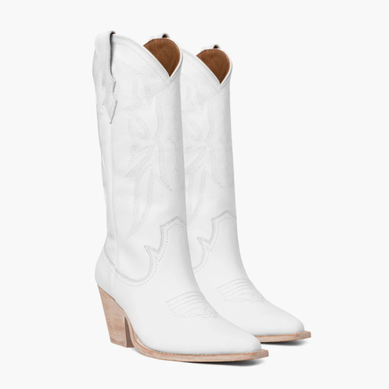 Opp France Women’s Vintage High-calf Solid Color Embroidered Leather Boots White