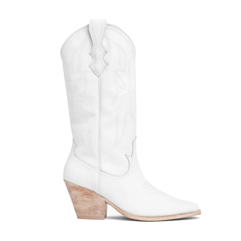 opp france Women’s Vintage High-calf Solid Color Embroidered Leather Boots White