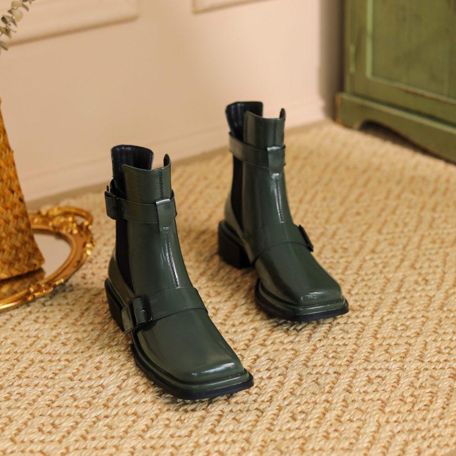 Opp France Women Square Toe Block Heel Martin Boots Green