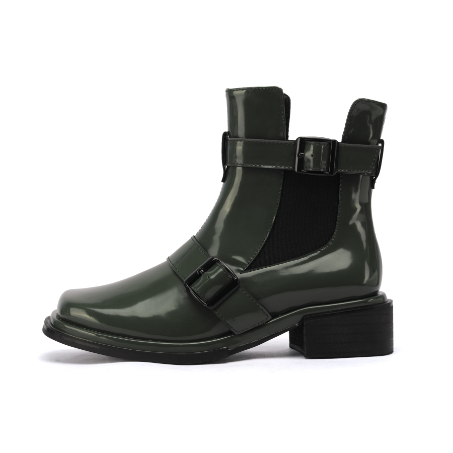 opp france Women Square Toe Block Heel Martin Boots Green