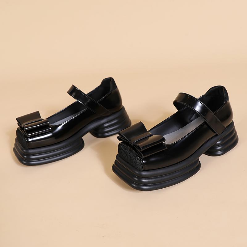 Opp France Women Vintage Bow Square Toe Leather Shoes