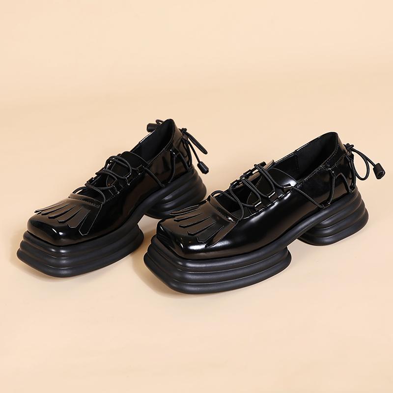 Opp France Women Vintage Vubber Band Lace-up Leather Shoes Black