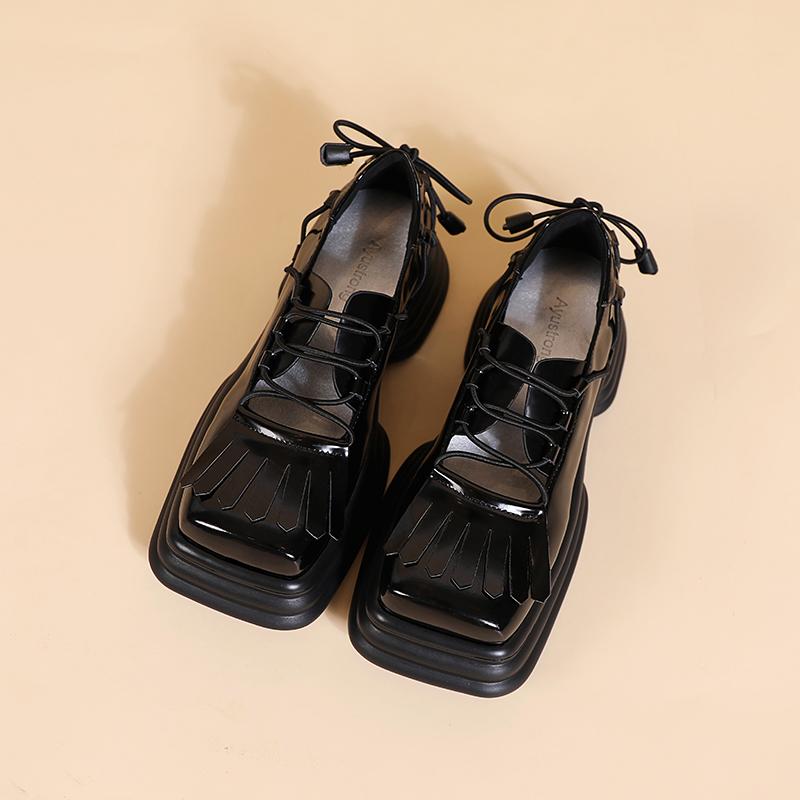 Opp France Women Vintage Vubber Band Lace-up Leather Shoes Black