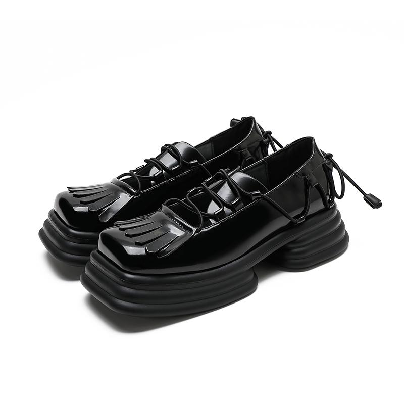 opp france Women Vintage Vubber Band Lace-up Leather Shoes Black