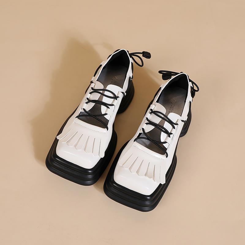 Opp France Women Vintage Vubber Band Lace-up Leather Shoes White