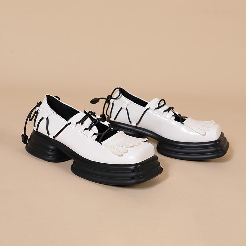 Opp France Women Vintage Vubber Band Lace-up Leather Shoes White