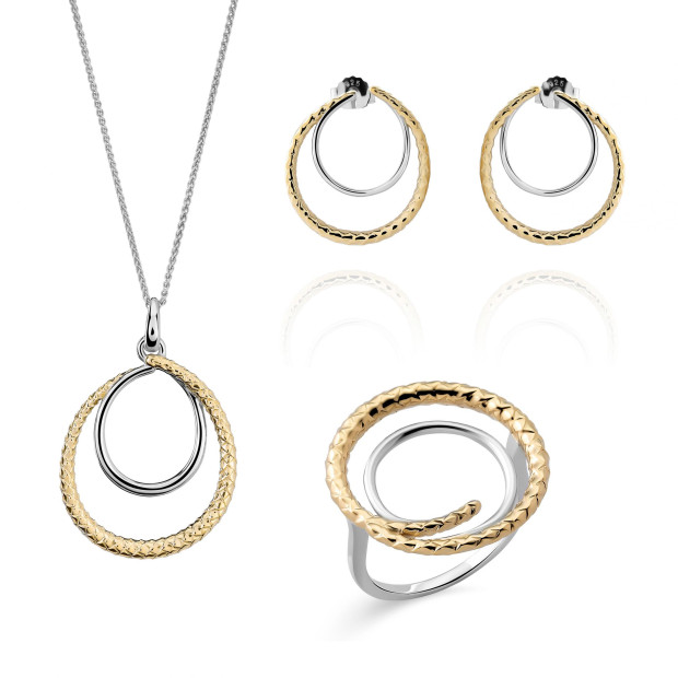 orphelia Orphelia® 'Bastien' Women's Sterling Silver Set: Necklace + Earrings + Ring - Silver/Gold SET-7499
