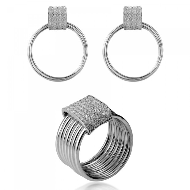 orphelia Orphelia® 'Eleanor' Women's Sterling Silver Set: Earrings + Ring - Silver SET-7417