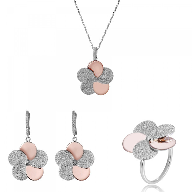 orphelia Orphelia® 'Fioni' Women's Sterling Silver Set: Necklace + Earrings + Ring - Silver/Rose SET-7452