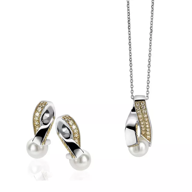 orphelia Orphelia® Women's Sterling Silver Set: Chain-Pendant + Earrings - Silver/Gold SET-5204
