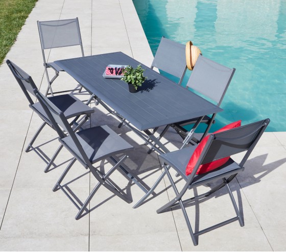 ozalide BAYONNE BOREAL XL - Ensemble table et chaises de jardin - 6 places - Gris Anthracite
