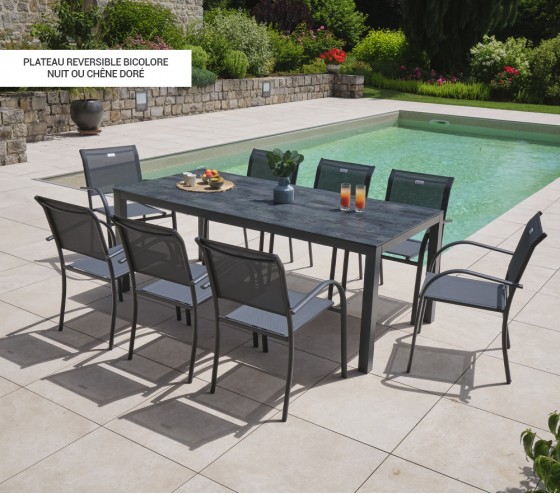 ozalide TIMOR - Ensemble table et fauteuils de jardin - 8 places - Chêne doré et Nuit