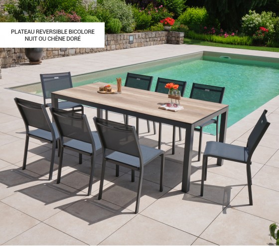 ozalide TIMOREUR - Ensemble table et chaises de jardin - 8 places - Chêne doré et Nuit