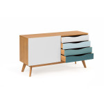 Paris Prix Buffet 4 Tiroirs & 1 Porte "Avon" 128cm Chêne & Turquoise