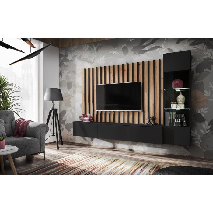 Paris Prix Ensemble Meuble TV Design "Verti" 220cm Noir & Naturel