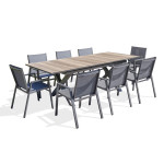paris prix Ensemble Table de Jardin Extensible Imitation Bois & 8 Fauteuils "Floride" 180-240cm Gris Anthracite