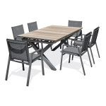 paris prix Ensemble Table de Jardin Extensible Imitation Bois & 6 Fauteuils "Floride" 180-240cm Gris Anthracite