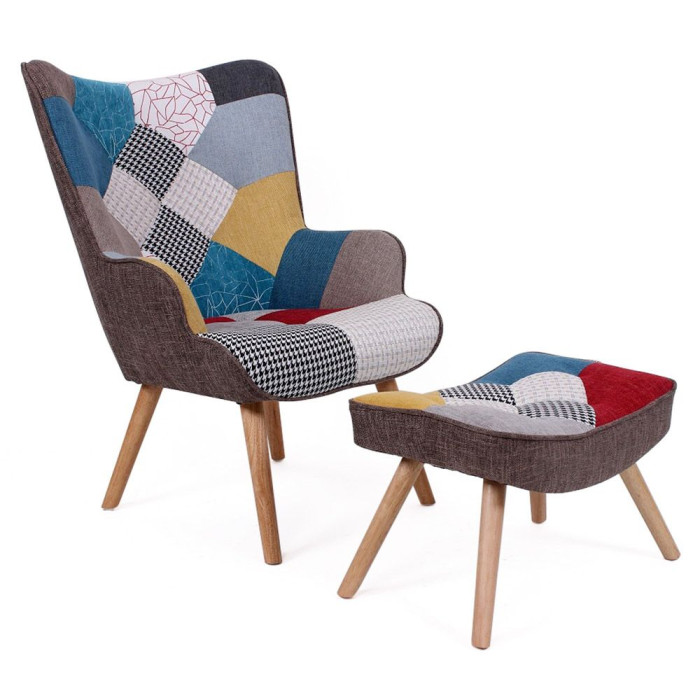 Paris Prix Fauteuil Scandinave & Pouf Patchwork "Orle" 98cm Multicolore