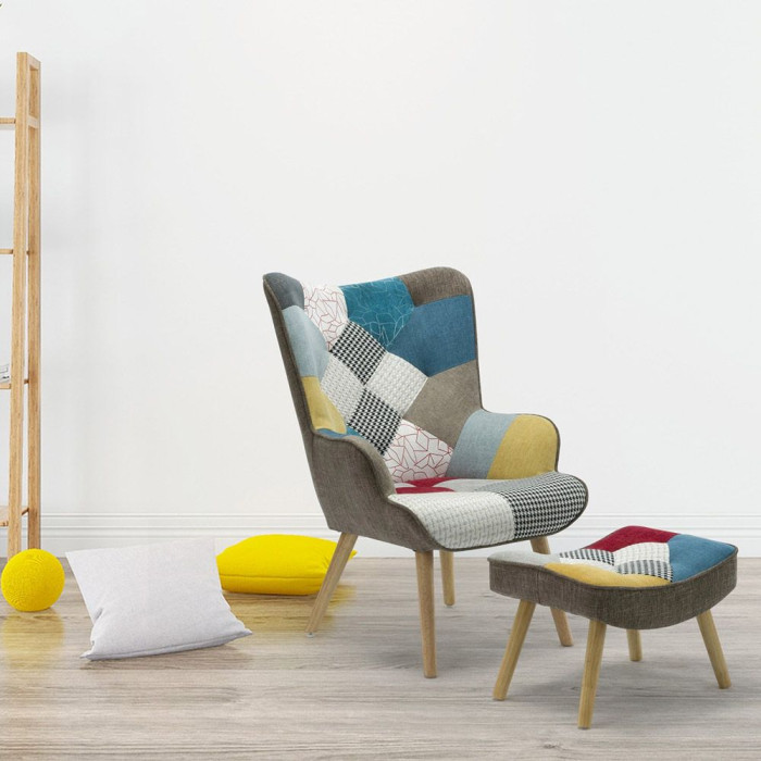 Paris Prix Fauteuil Scandinave & Pouf Patchwork "Orle" 98cm Multicolore