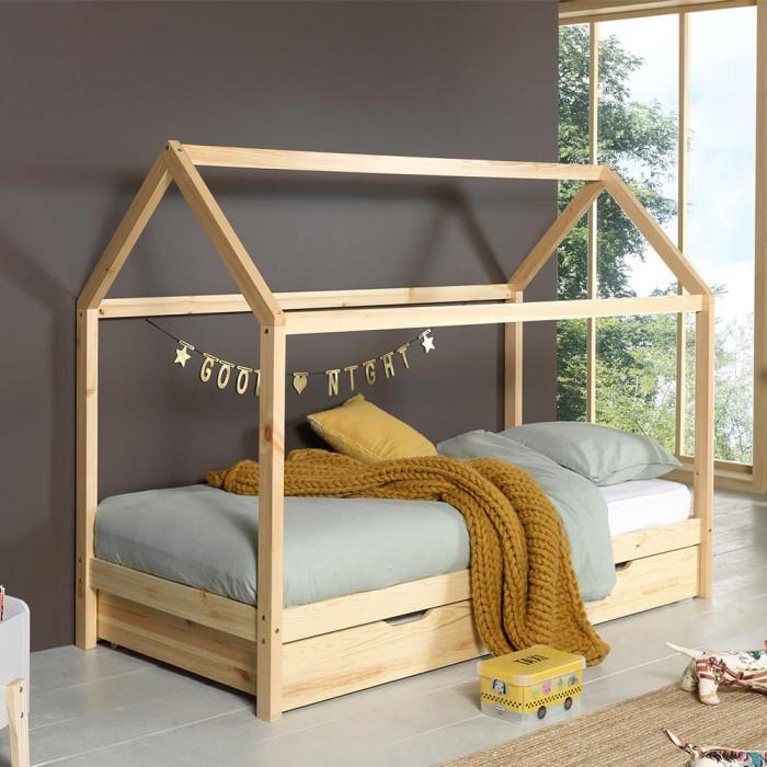 Paris Prix Lit Enfant Cabane & Tiroir "Dallas" 90x200cm Naturel