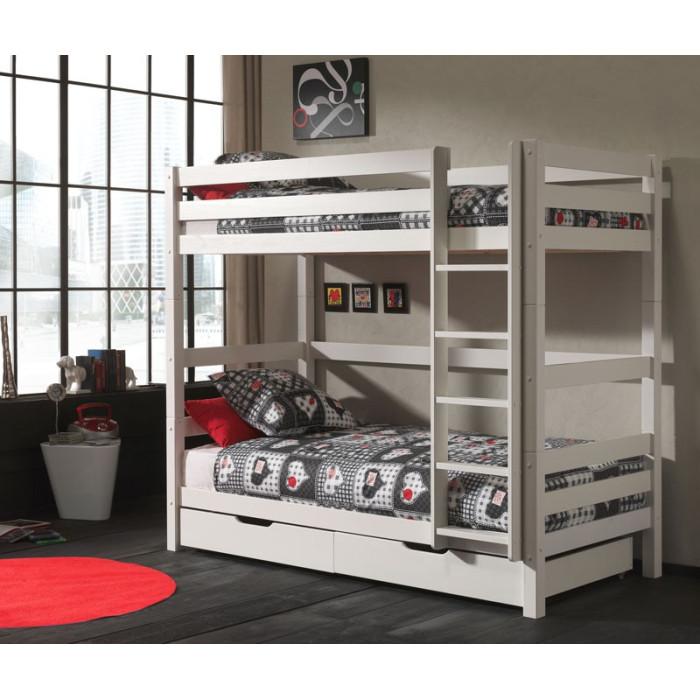 Paris Prix Lit Enfant Superposé Haut & 2 Tiroirs "Pino" 90x200cm Blanc