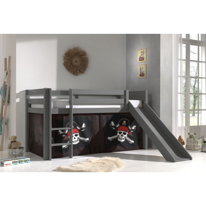 Paris Prix Lit Enfant Surélevé Avec Toboggan "Pino Caribian Pirates" 90x200cm Gris