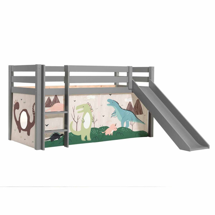 Paris Prix Lit Enfant Surélevé Avec Toboggan "Pino Dino" 90x200cm Gris