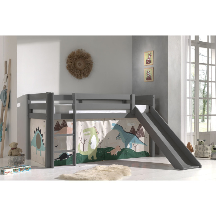 Paris Prix Lit Enfant Surélevé Avec Toboggan "Pino Dino" 90x200cm Gris