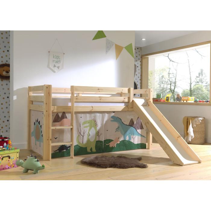 Paris Prix Lit Enfant Surélevé Avec Toboggan "Pino Dino" 90x200cm Naturel