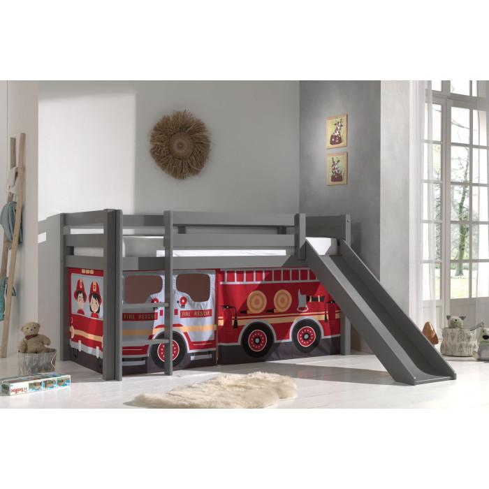 Paris Prix Lit Enfant Surélevé Avec Toboggan "Pino Fire Truck" 90x200cm Gris