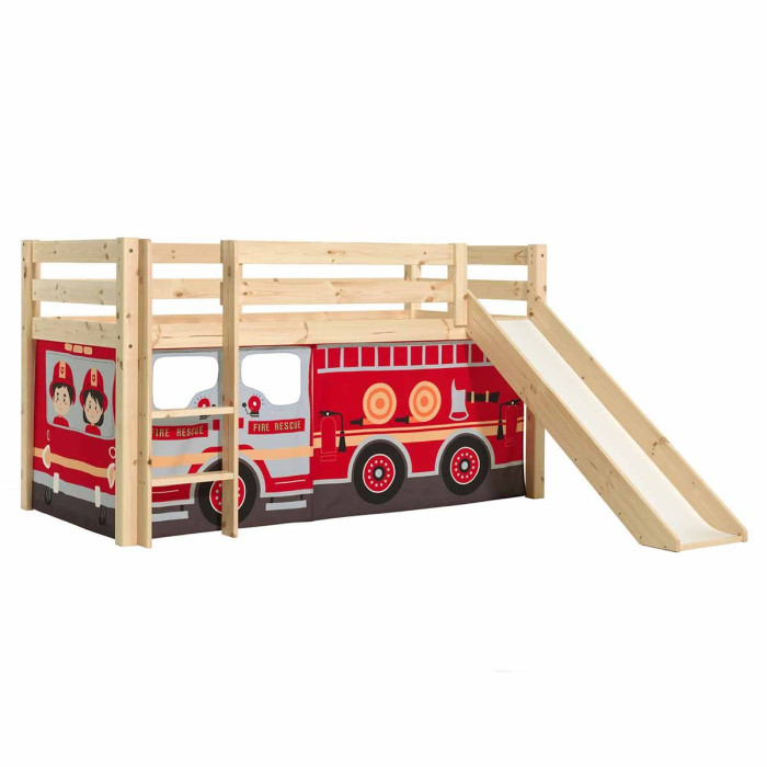 Paris Prix Lit Enfant Surélevé Avec Toboggan "Pino Fire Truck" 90x200cm Naturel