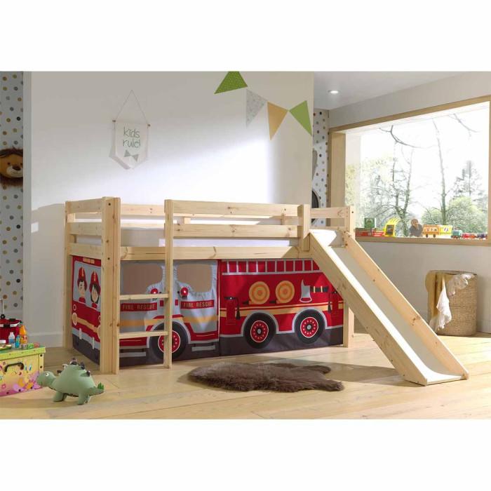 Paris Prix Lit Enfant Surélevé Avec Toboggan "Pino Fire Truck" 90x200cm Naturel