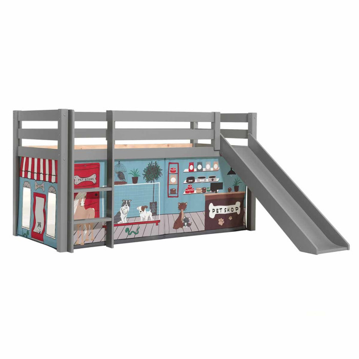 Paris Prix Lit Enfant Surélevé Avec Toboggan "Pino Pet Shop" 90x200cm Gris