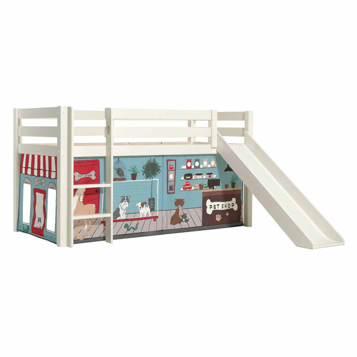 Paris Prix Lit Enfant Surélevé Avec Toboggan "Pino Pet Shop" 90x200cm Blanc