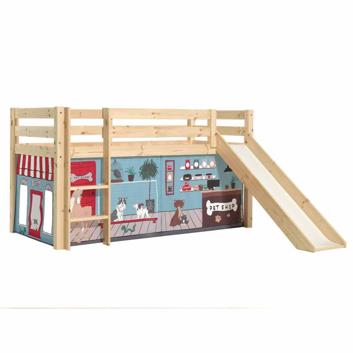 Paris Prix Lit Enfant Surélevé Avec Toboggan "Pino Pet Shop" 90x200cm Naturel
